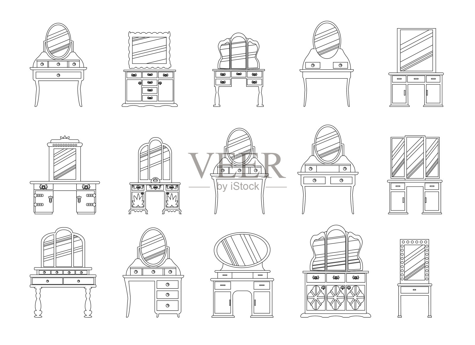 一套可爱的复古梳妆台。收藏古董卧室家具。方便存放化妆品和珠宝。在一个草图风格的矢量是孤立的白色背景插画图片素材