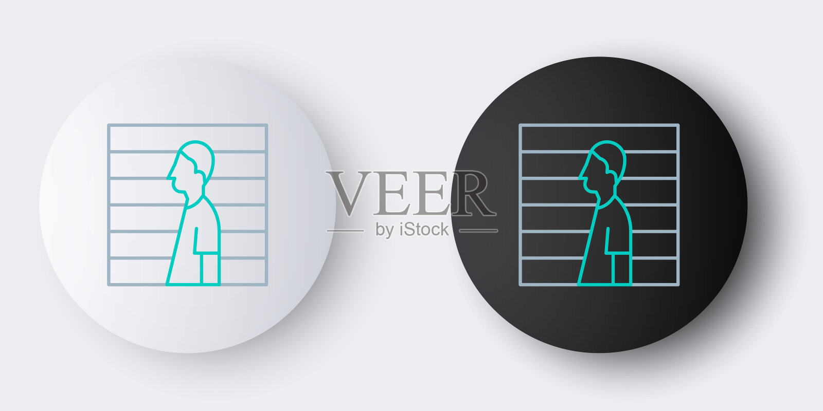 灰色背景上孤立的犯罪嫌疑人图标。罪犯在监狱里,疑近板。色彩斑斓的轮廓的概念。向量插画图片素材