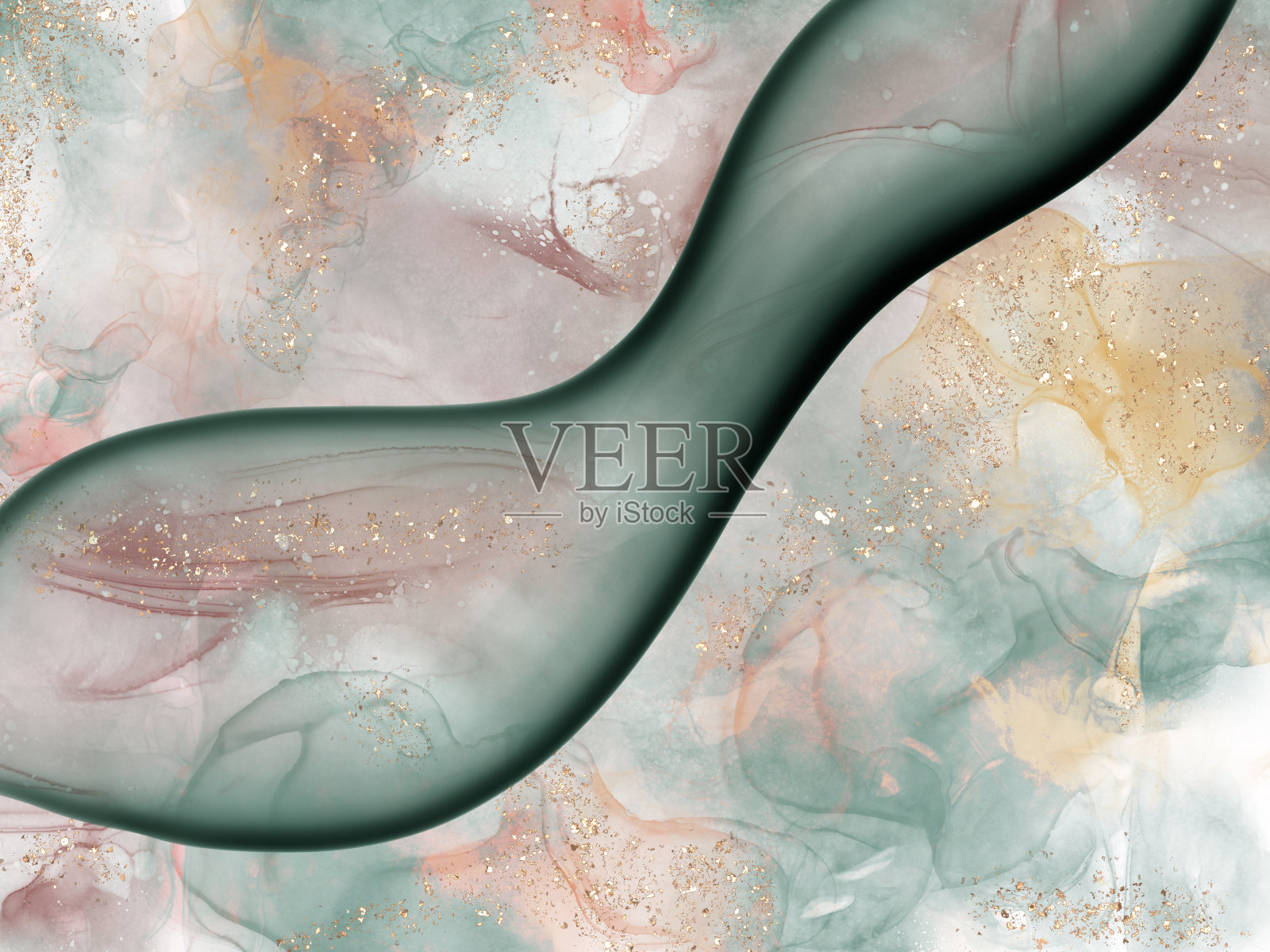 华丽的抽象彩色数字酒精墨水风格的图案和纹理与金色金属线用作壁纸或背景插画图片素材