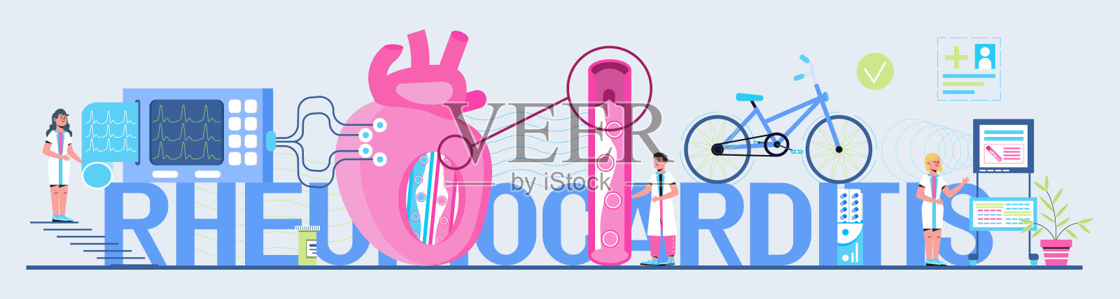 风湿性心脏病概念矢量医疗网站,标题,博客。心脏病发作,小医生心肌梗塞,心电图,动脉,心脏插画图片素材