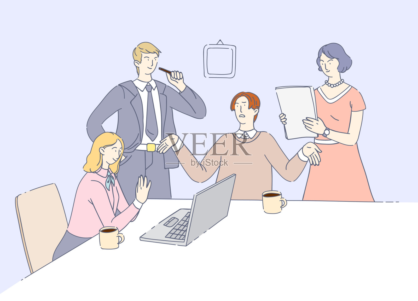 商务办公人员团队合作。业务团队会议在一起,团队成员讨论任务的解决方案,讨论问题。与同事共同协商理念插画图片素材