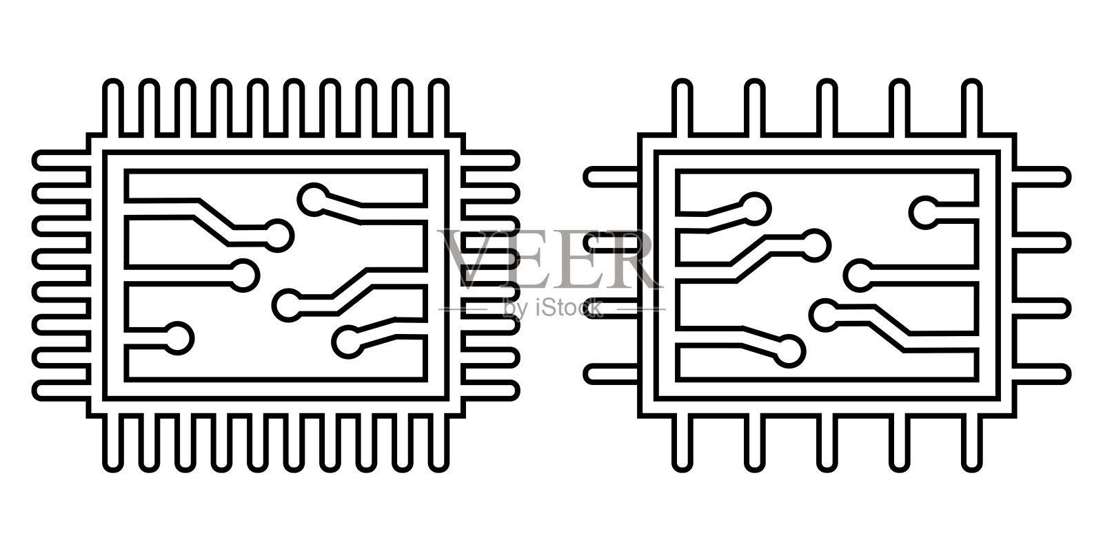 两个芯片或微芯片图标。可编辑的中风。中央计算机处理器,黑芯片符号。平的风格。向量插画图片素材