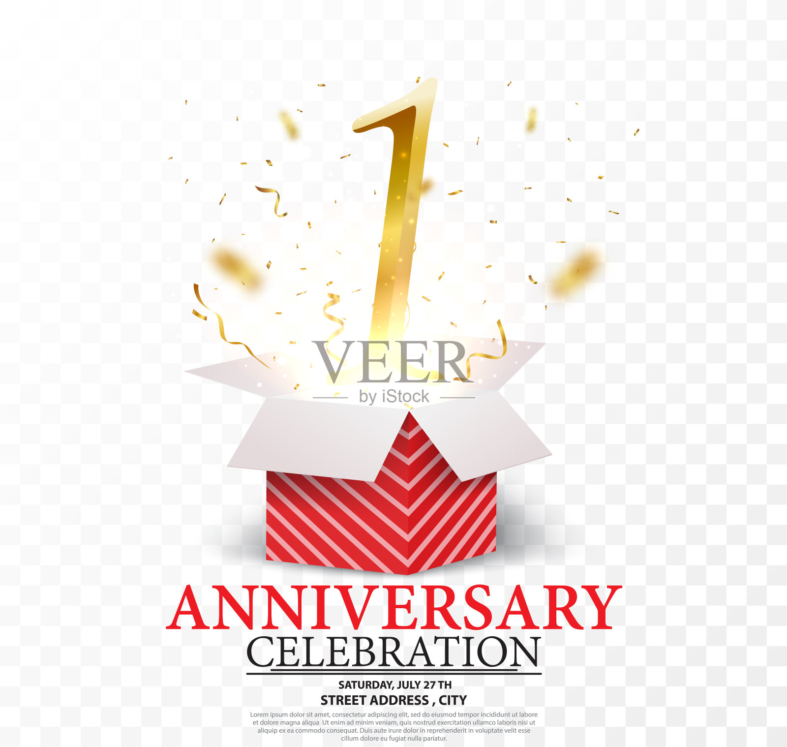 周年庆典。金色数字和金色五彩纸屑插画图片素材