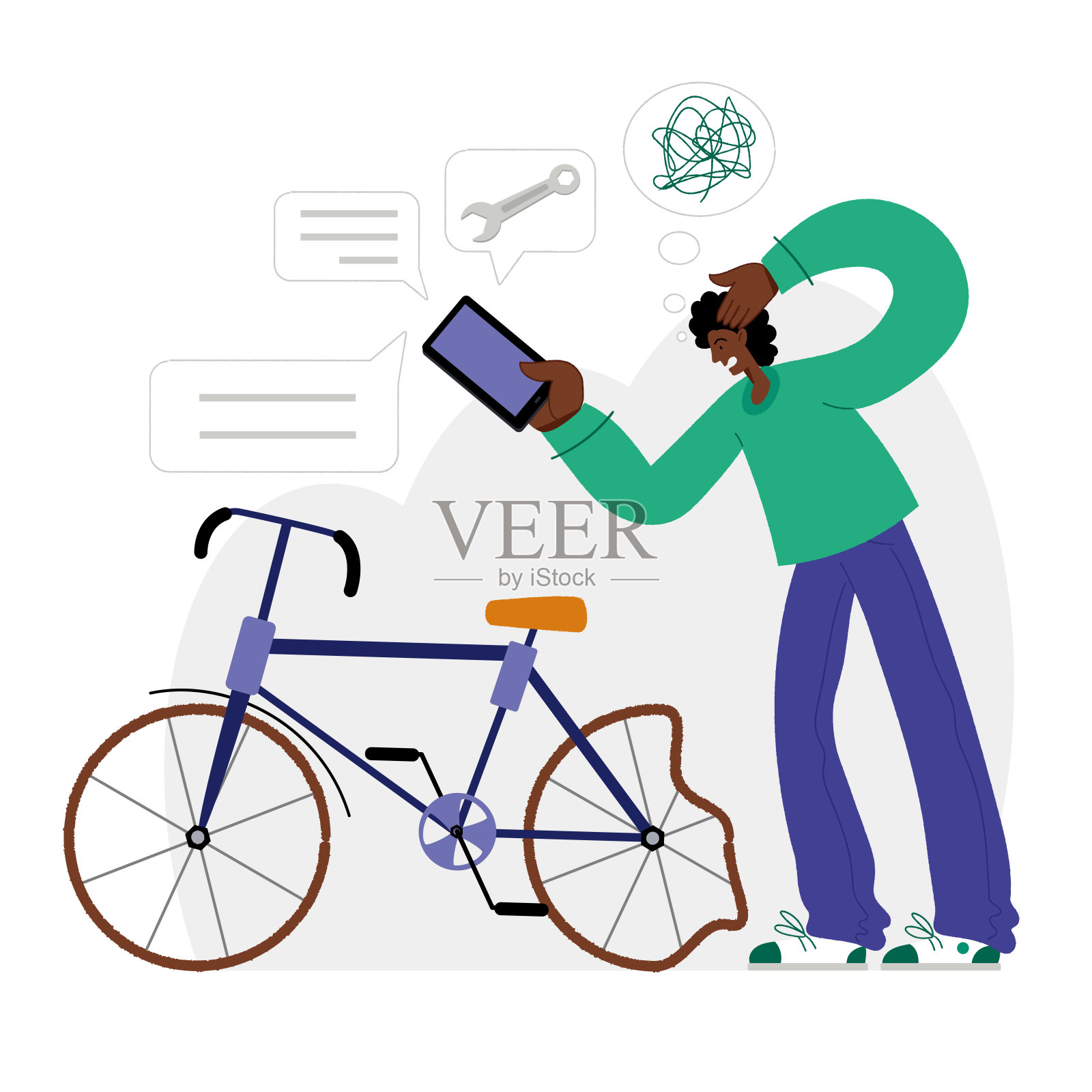 自行车修理。一个黑人在修理自行车。机修工修理自行车,机修工给轮子充气。网页图形,横幅,广告,商业模板。插画图片素材