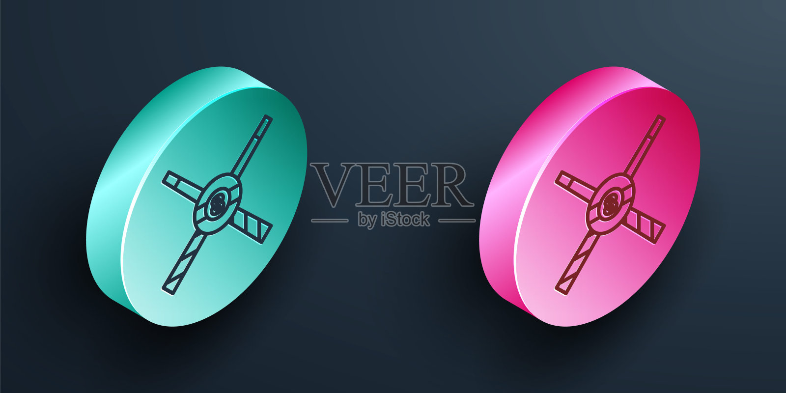 等距线交叉台球杆和球图标孤立在黑色背景。绿松石和粉红色的圆形按钮。向量图标素材