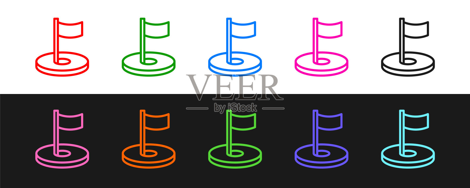 设置线高尔夫球洞与旗帜图标隔离在黑色和白色背景。向量插画图片素材