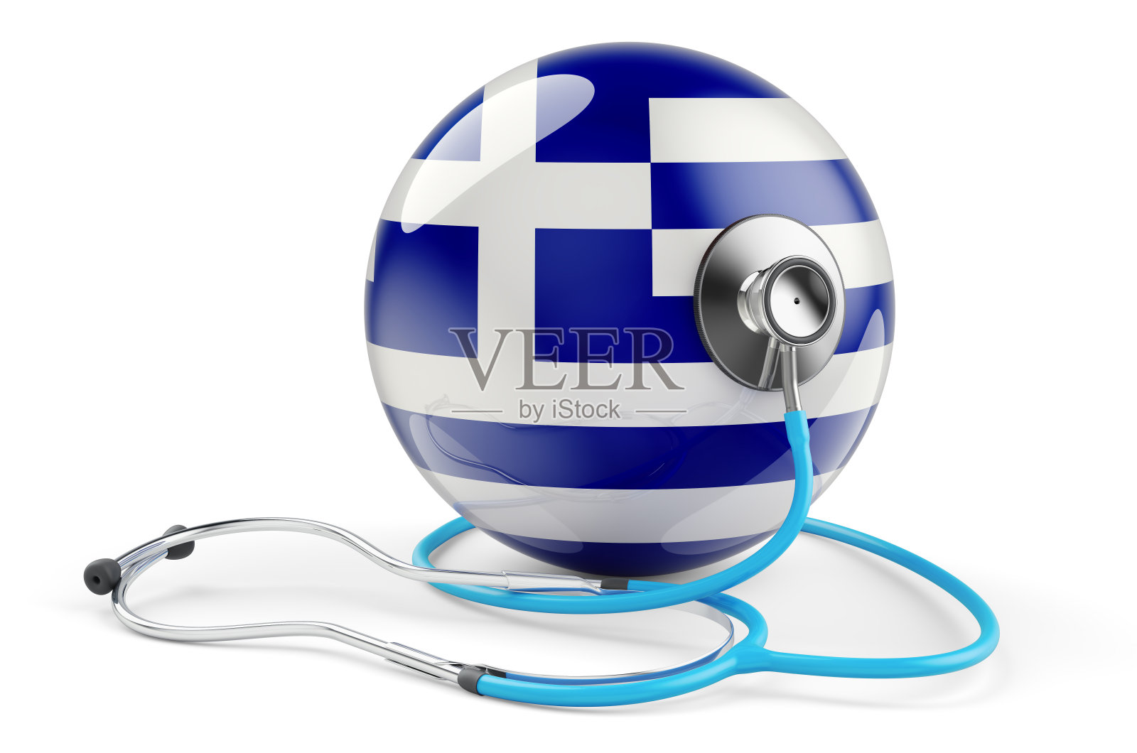 希腊国旗和听诊器。希腊的医疗概念,在白色背景上孤立的3D渲染照片摄影图片