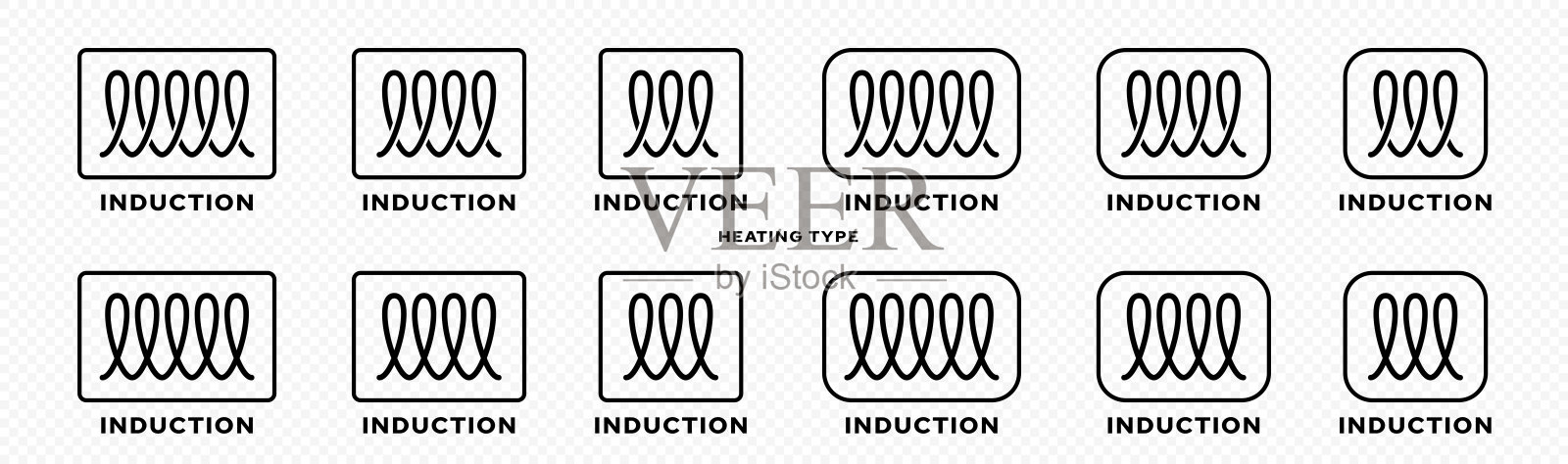 产品包装的概念。打标是一种感应式加热。用于厨房用具、附件和家用电器的框架内的扁平感应符号。向量的元素。插画图片素材