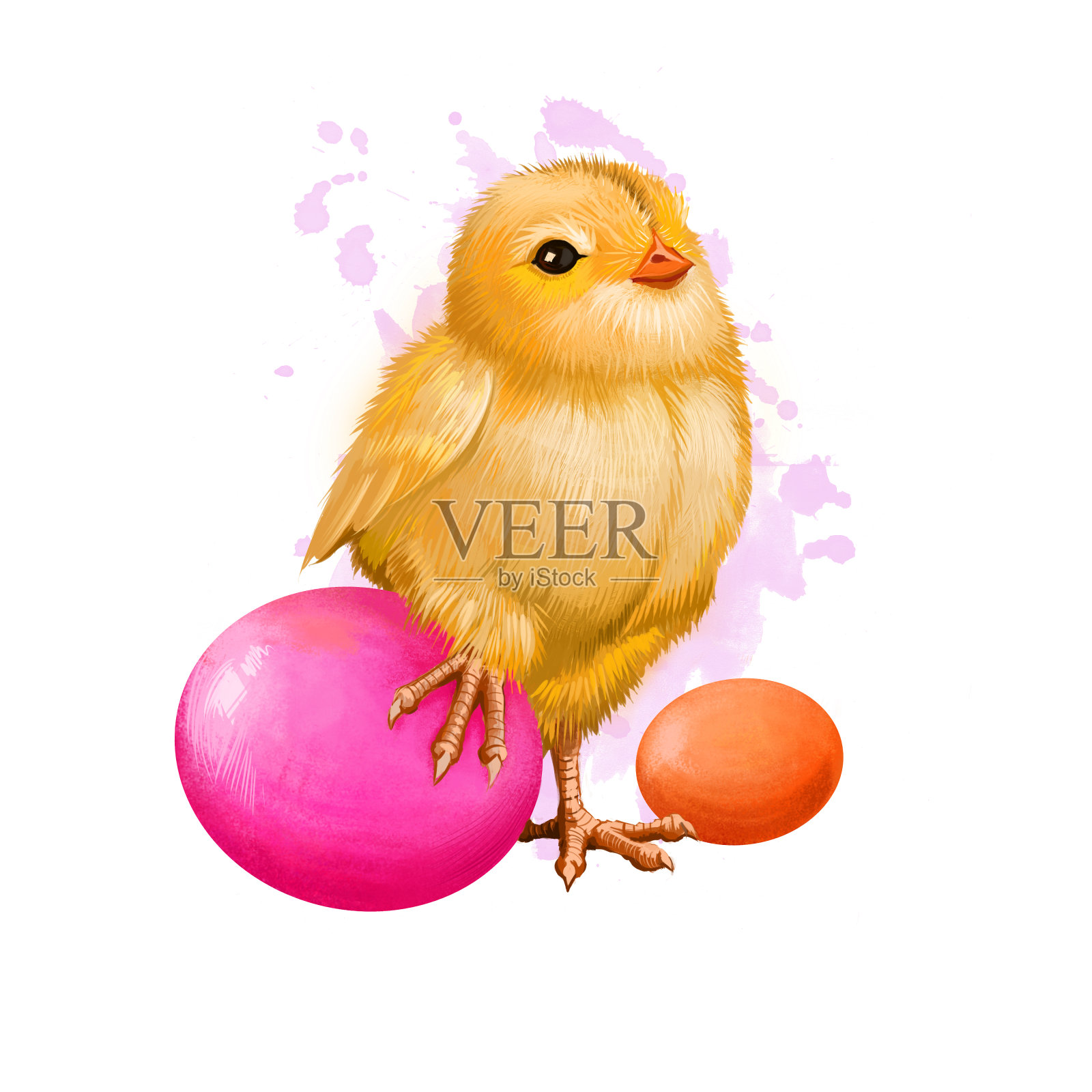 复活节鸡与节日蛋孤立在白色。传统的小母鸡是基督教的象征。快乐复活节数字旗帜卡通风格。春天的海报。剪贴艺术贺卡插画图片素材