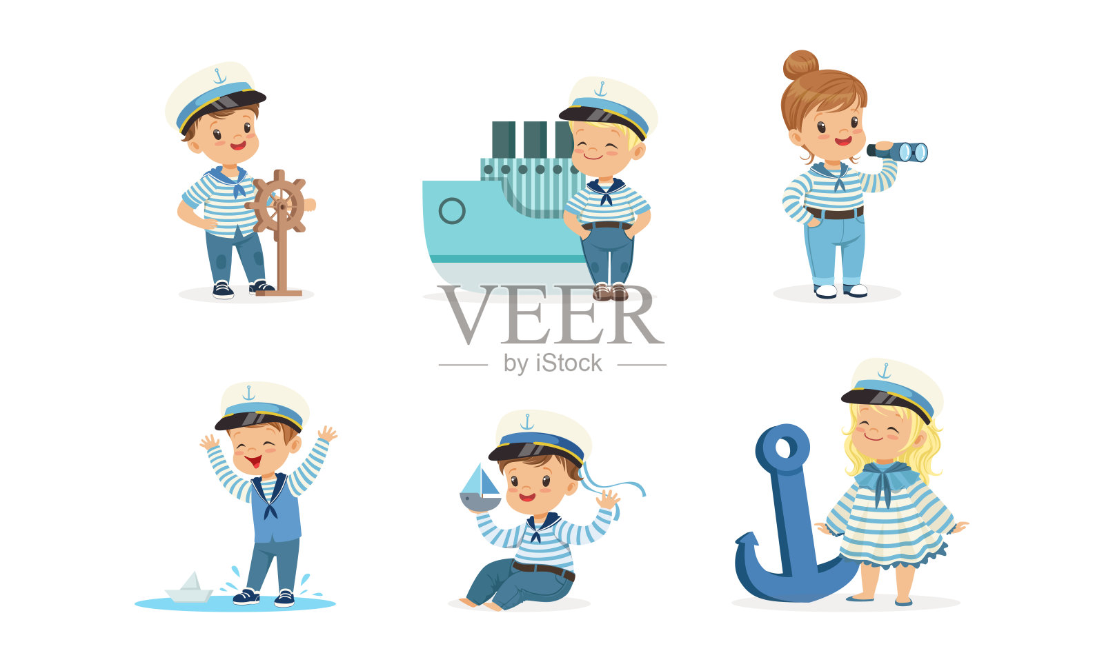可爱的小男孩和女孩在水手服装设置卡通矢量插图插画图片素材