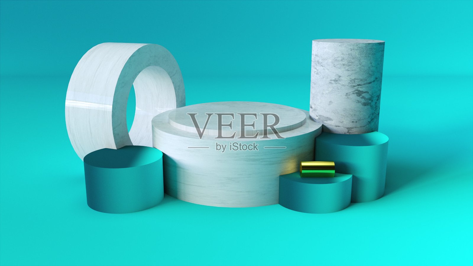 蓝色舞台与几何平台和元素,电脑生成。3d渲染的工作室背景照片摄影图片