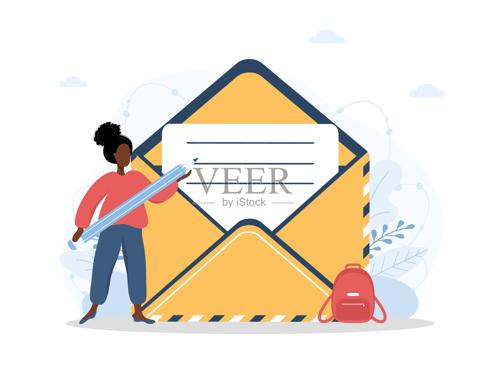 与我们联系的概念。年轻的非洲妇女用铅笔填写在线客户反馈表格。矢量插图在平面卡通风格插画图片素材