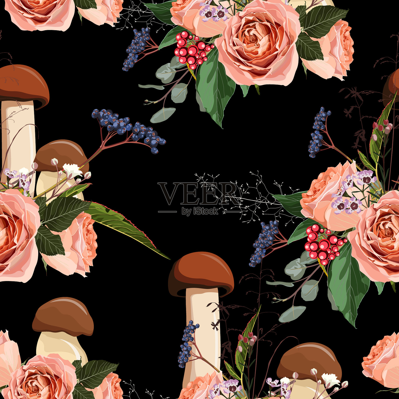 秋天的玫瑰花朵,草本和蘑菇无缝插画图片素材