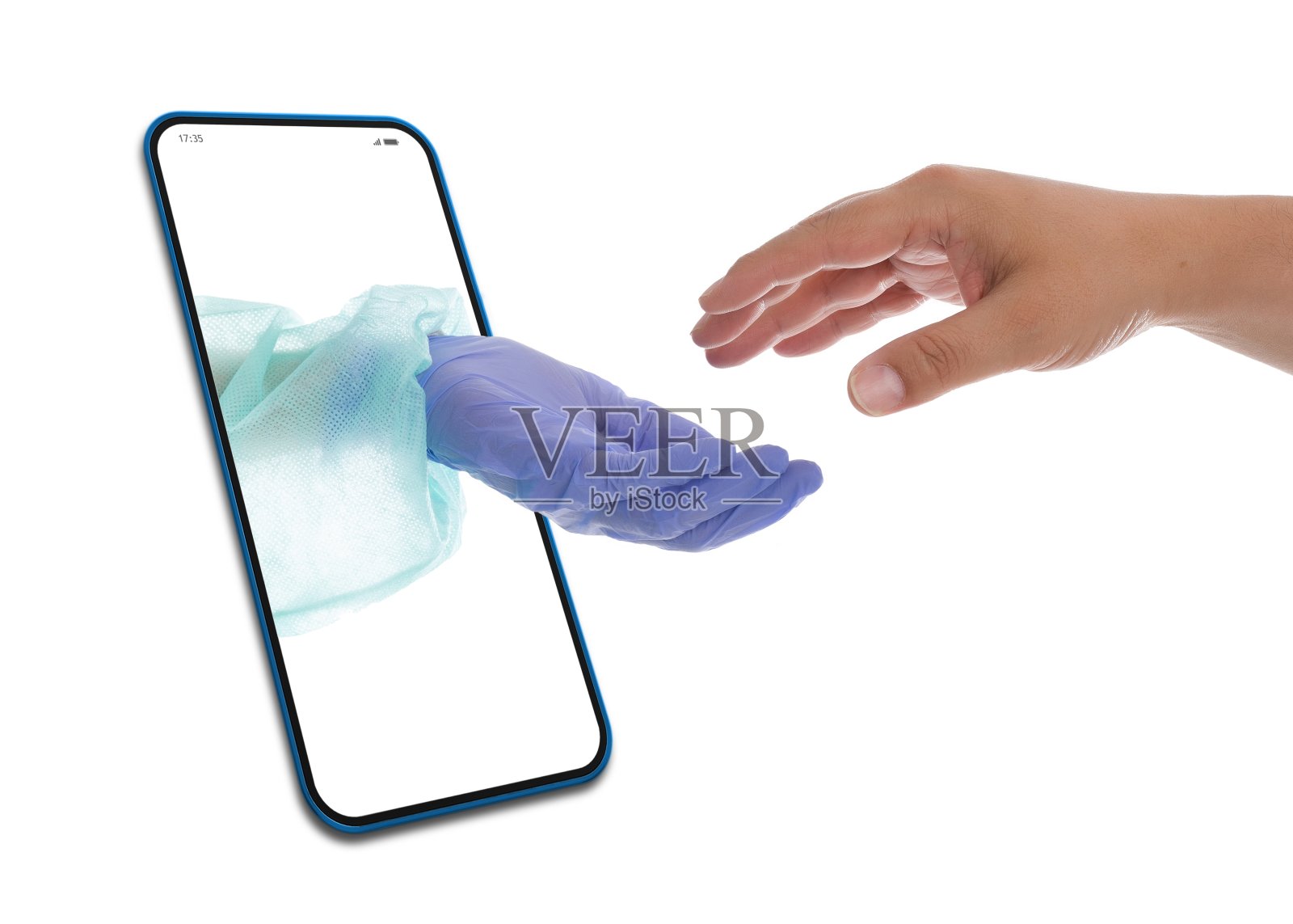 医生的手从手机里伸出来控制病人。白色背景照片摄影图片