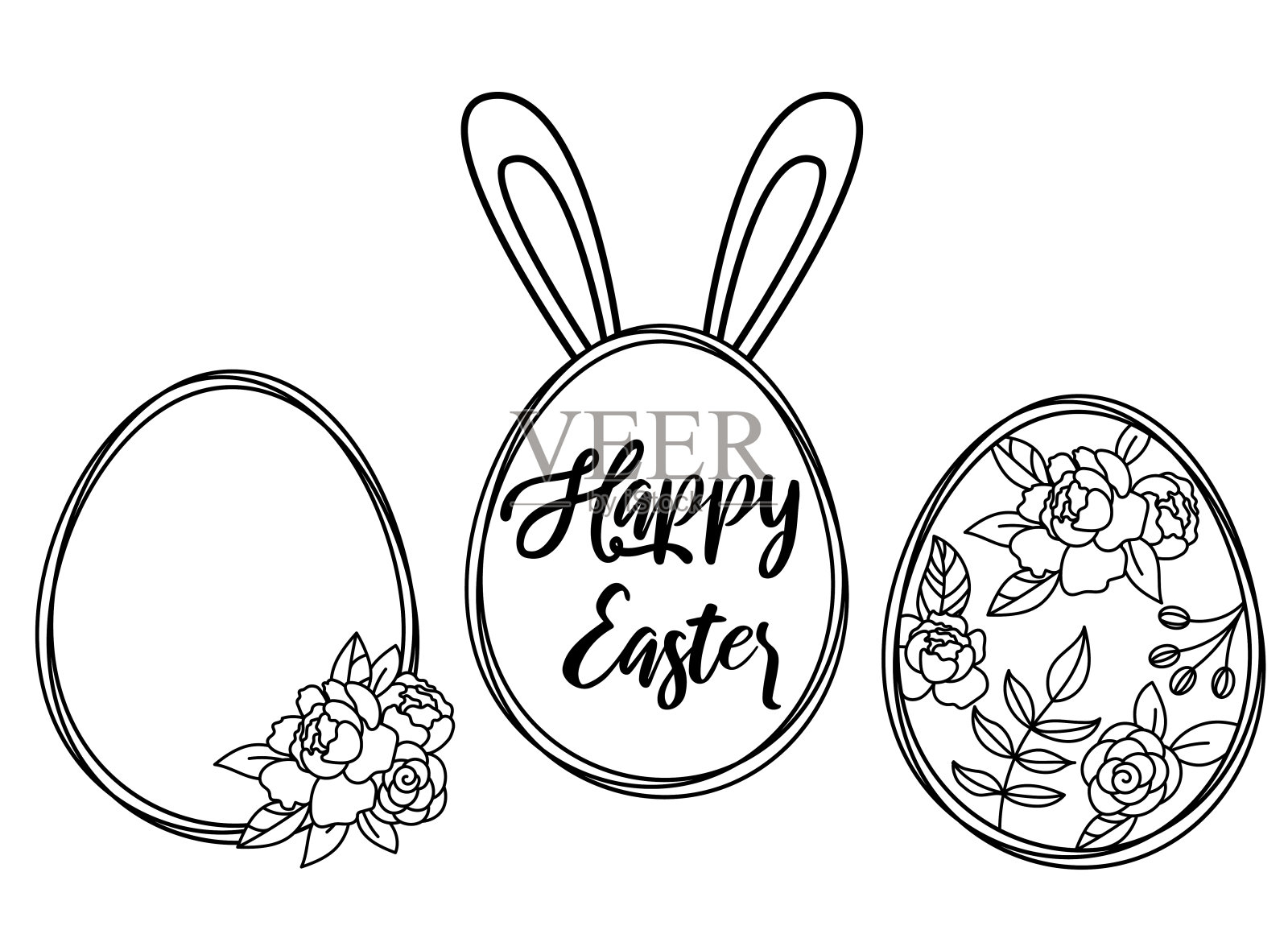 复活节彩蛋与花和兔子耳朵装饰。插画图片素材