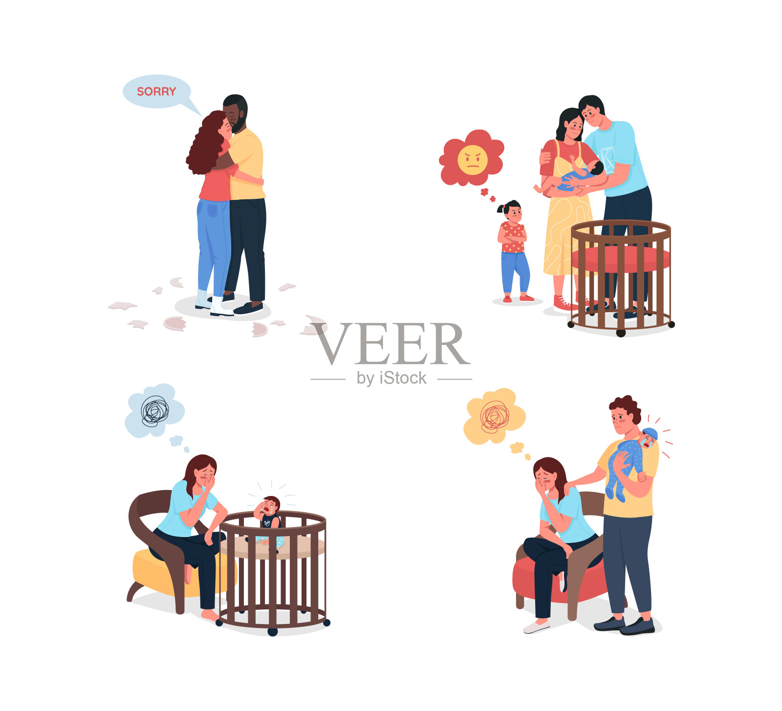 年轻家庭问题扁平风格矢量人物素材插画图片素材