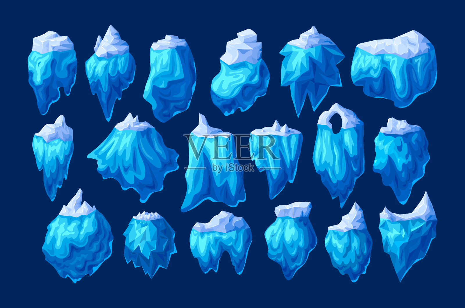 逼真的水晶干净的冰山设置。冰晶、冰山碎冰、冰晶块冻冰、冬季冷景观为游戏设计卡通矢量插画图片素材