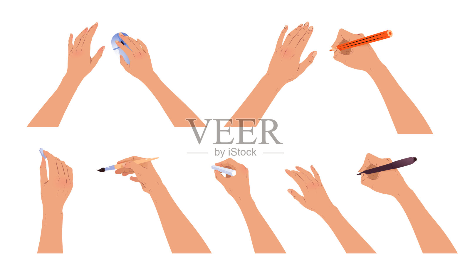 手与画笔、铅笔和粉笔插画图片素材