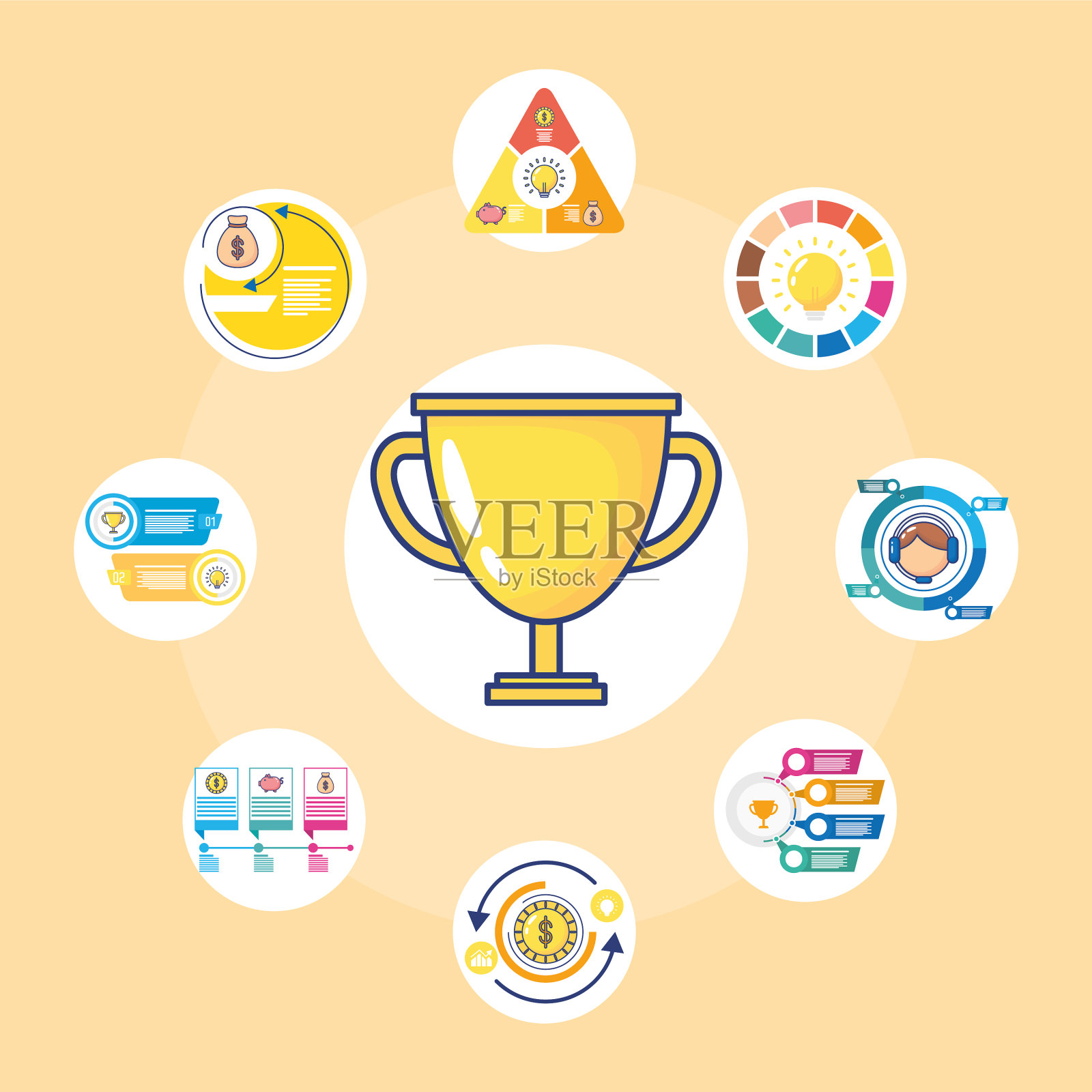 奖杯与捆绑信息图表设置扁平风格插画图片素材