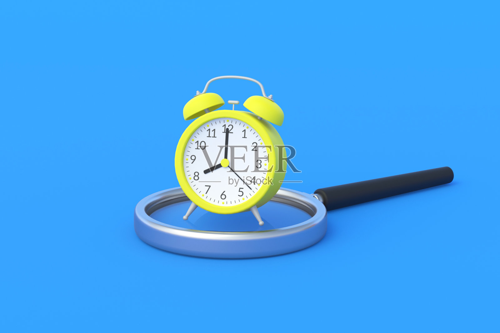 闹钟在蓝色背景的放大镜上。找到空闲时间。三维渲染照片摄影图片