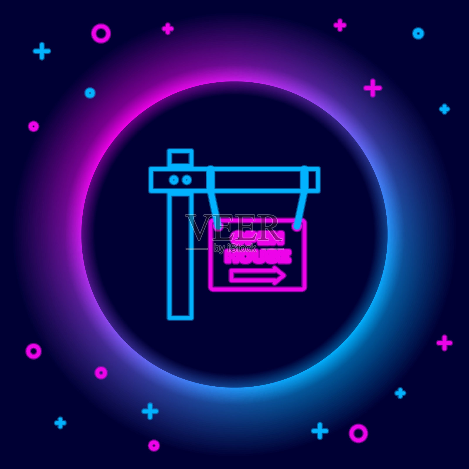 发光的霓虹线与文字悬挂标志开放房屋图标孤立在黑色的背景。标牌上写着“开放日”。色彩斑斓的轮廓的概念。向量插画图片素材