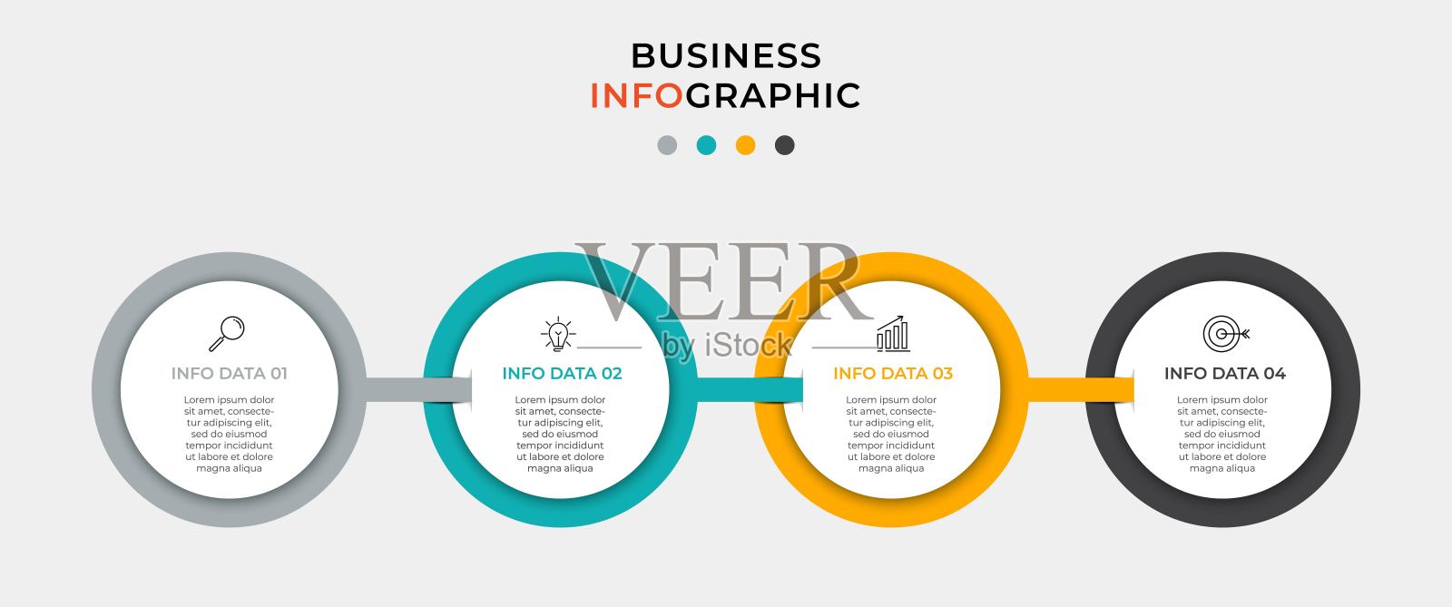 商业信息图设计模板向量与图标和4个选项或步骤。可用于流程图,演示文稿,工作流布局,横幅,流程图,信息图插画图片素材