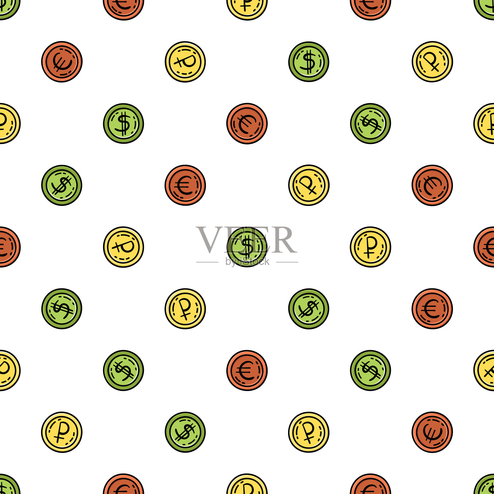手绘矢量无缝模式与硬币。装饰的背景。美元、欧元、卢布。插画图片素材