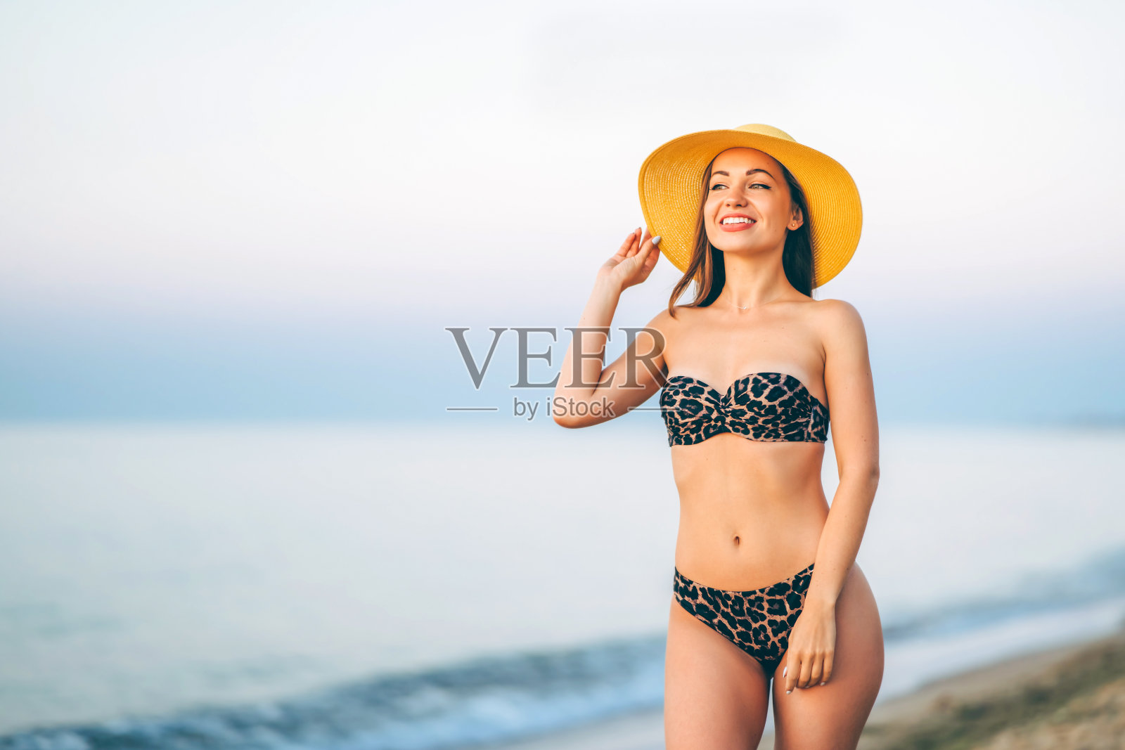 漂亮的黑发女人在海边的海滩上休息。照片摄影图片