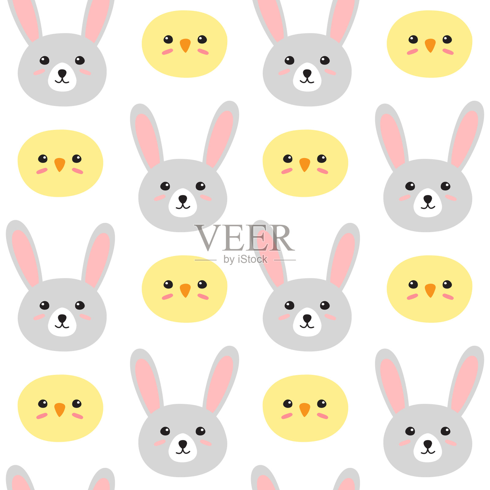 矢量无缝图案复活节手绘涂鸦扁小鸡和兔子的脸插画图片素材