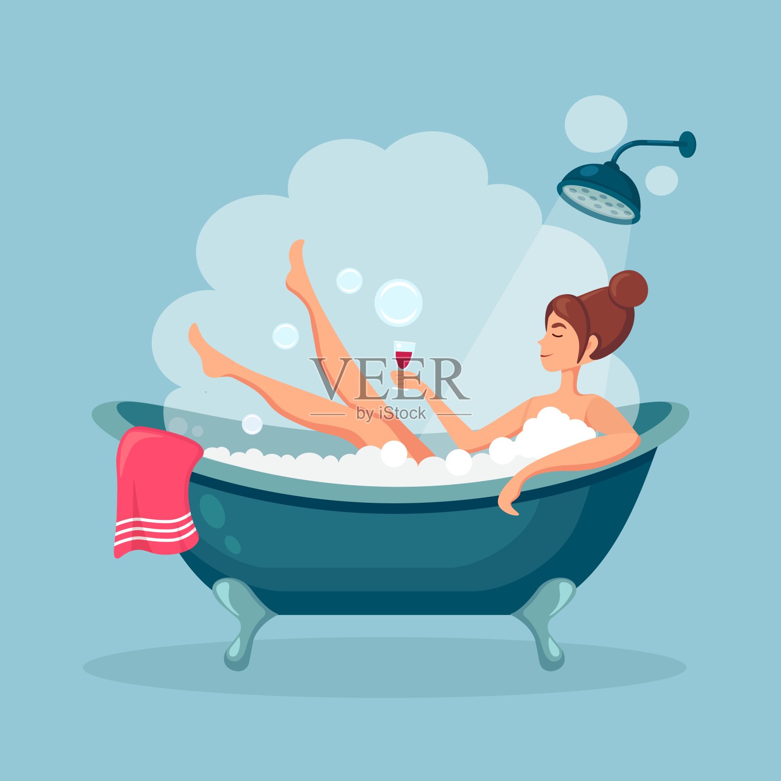 快乐的女人在浴室里用橡皮鸭洗澡。用洗发水、肥皂、海绵、清水清洗头部、头发、身体、皮肤。浴缸里充满了泡沫。卫生,日常生活,放松。矢量图插画图片素材