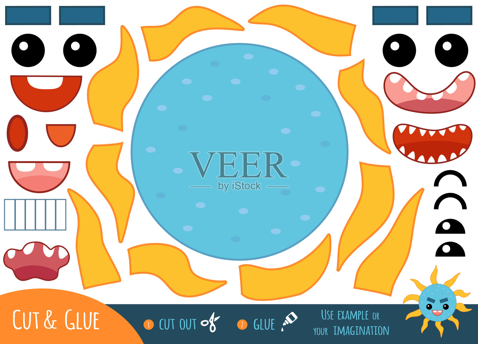 儿童教育纸游戏,可爱的细菌和病毒字符。为卡通人物创造一张有趣的脸插画图片素材