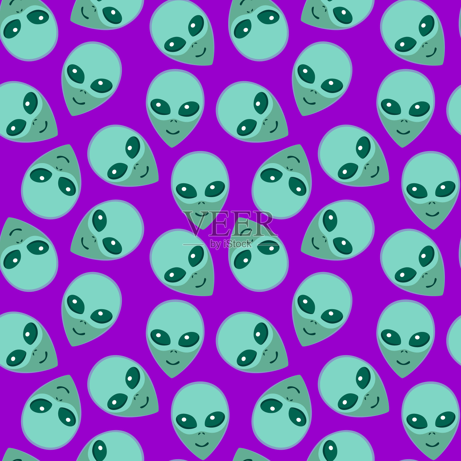 无缝模式与外星人绿色头。UFO,人形机器人无尽的背景孤立。微笑的游客,火星人。矢量插图,空间主题的壁纸,阴谋论,科幻,梦幻插画图片素材