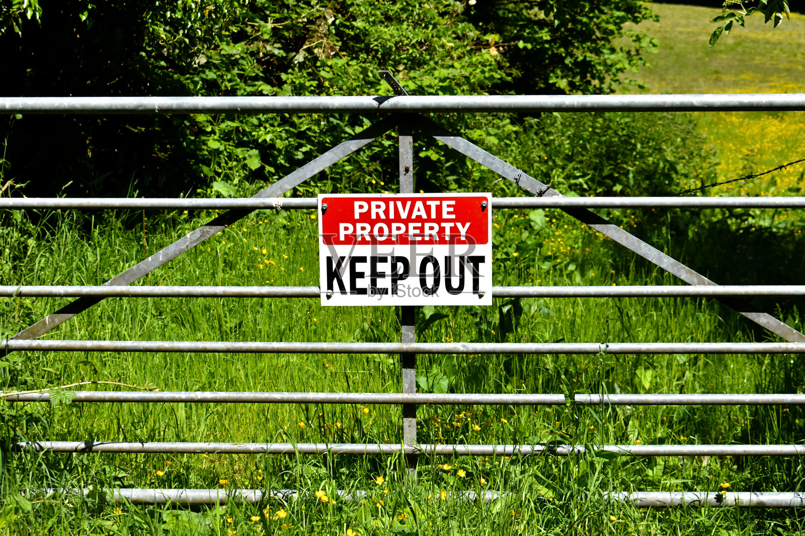 一扇铁门上红白相间的“禁止私有财产进入”标志,照片摄影图片