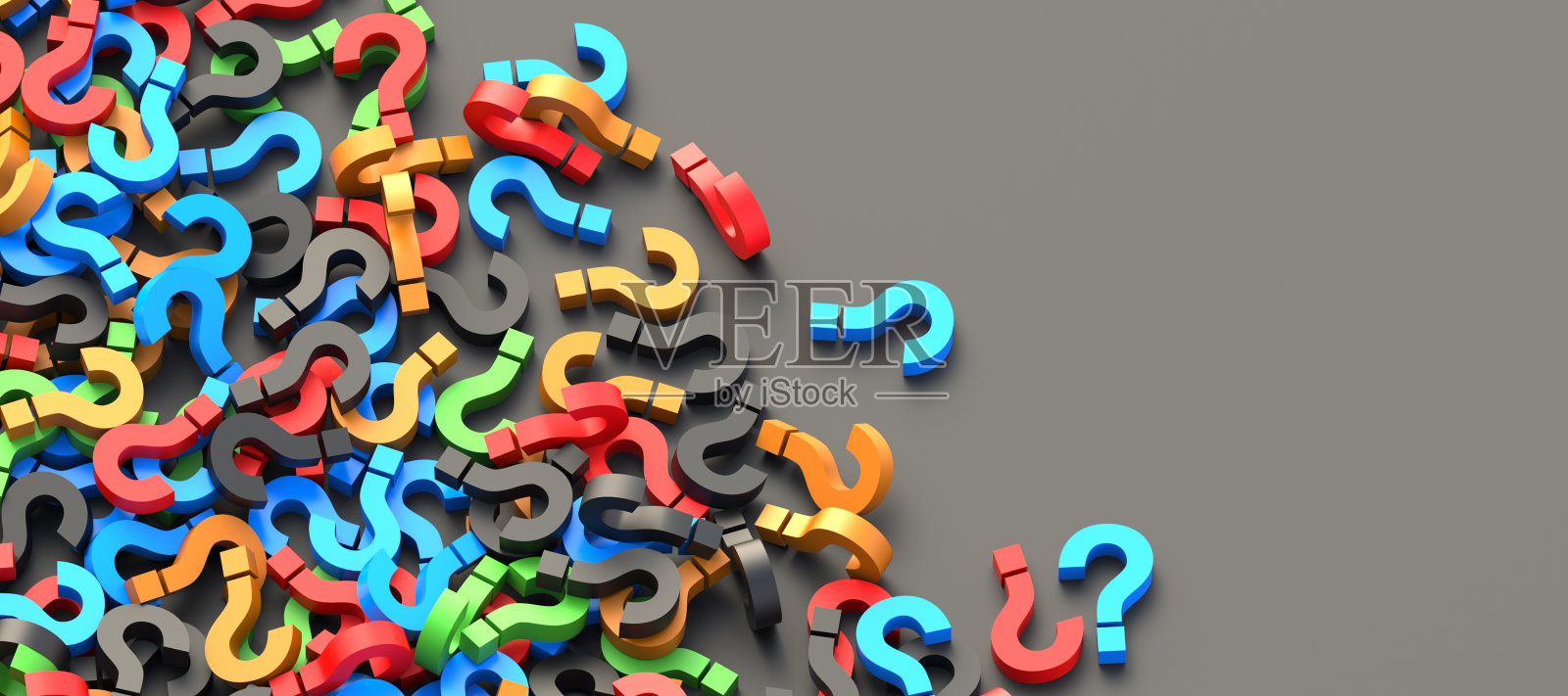 黑色背景上的彩色问号,右边空白的副本空间,常见问题概念照片摄影图片