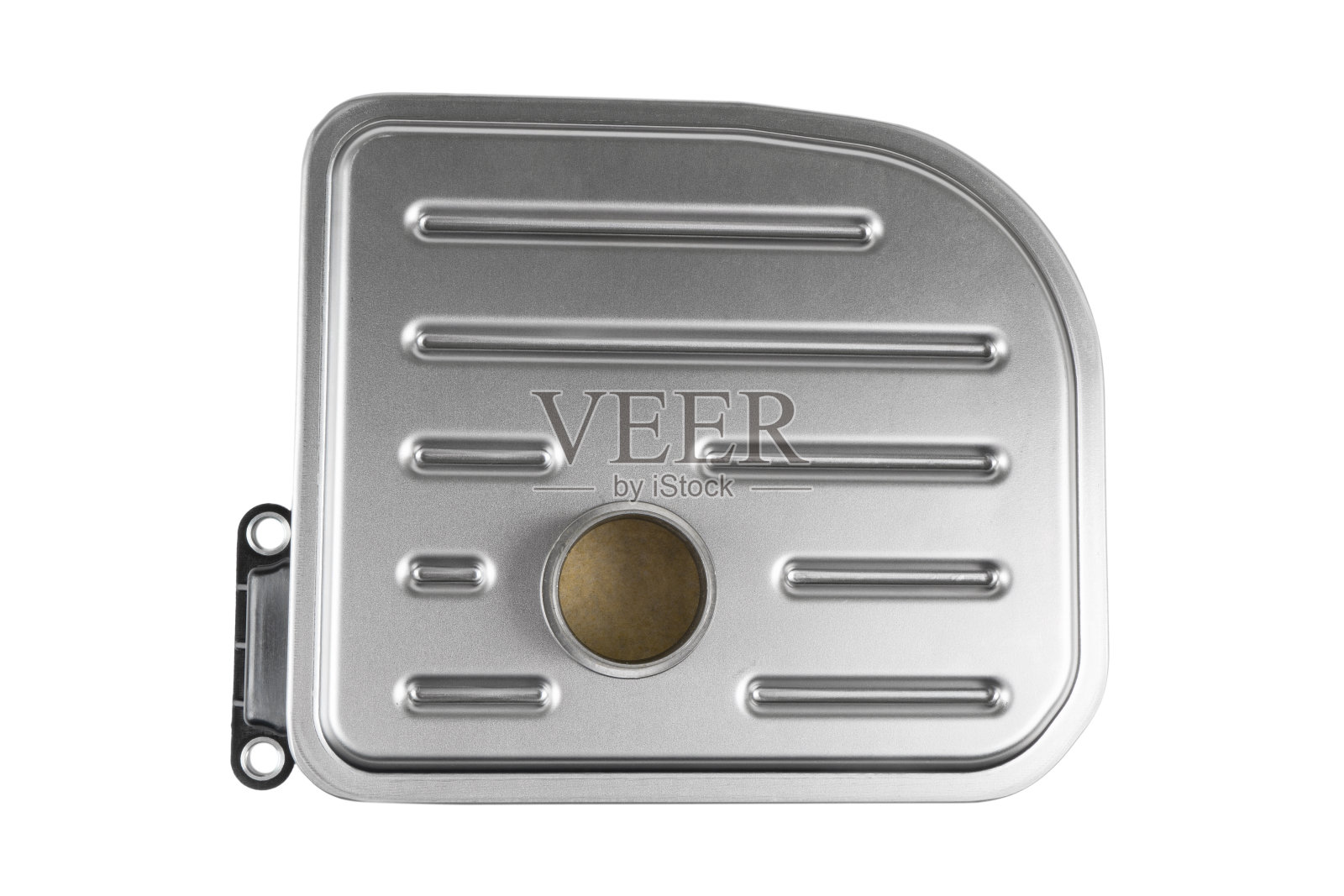 自动变速器的滤油器或过滤器。在白色背景上隔离的新替换部件的俯视图。自动变速器的新过滤器。汽车维修或保养的备件照片摄影图片