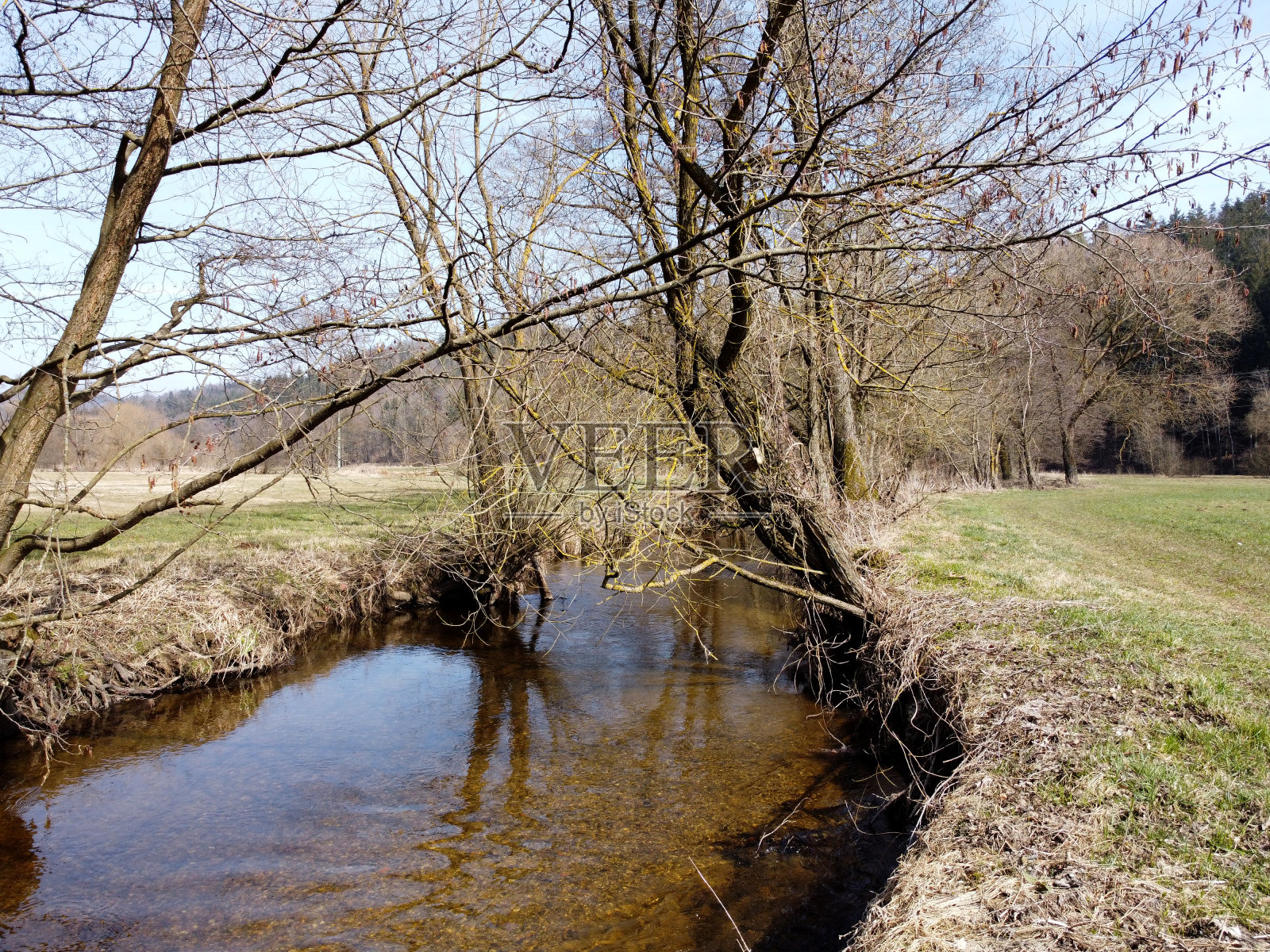 巴伐利亚的一条小溪,鸟瞰图与照片摄影图片
