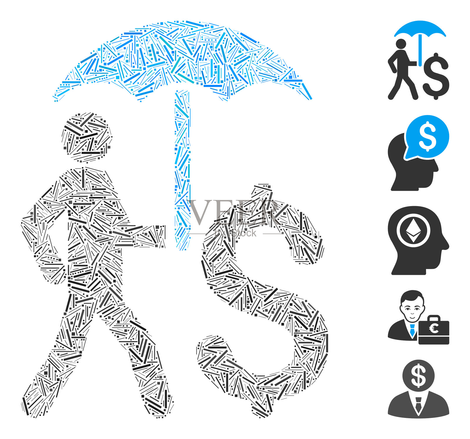 线马赛克行走商人与伞的图标插画图片素材