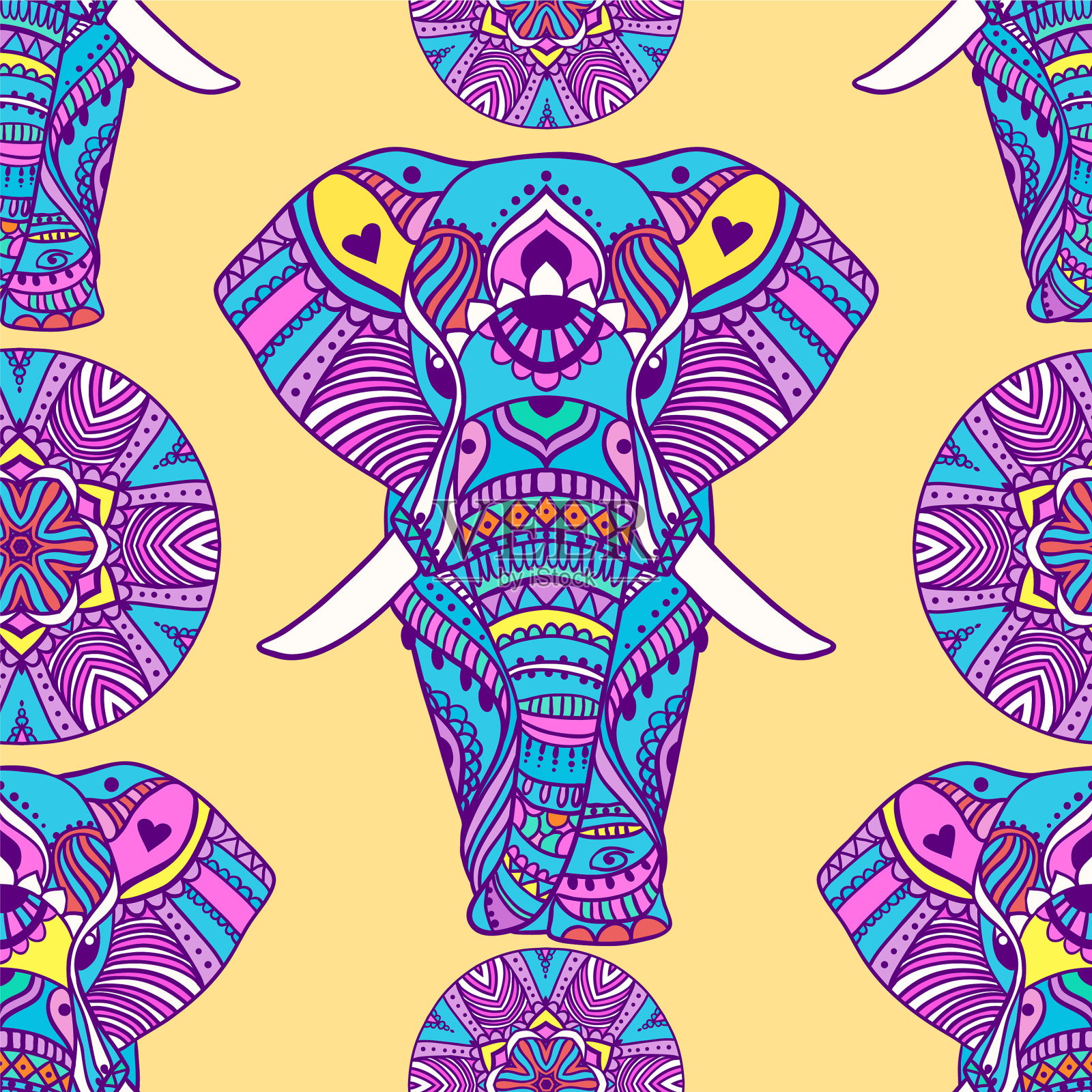 图案与曼荼罗和大象几何插画图片素材