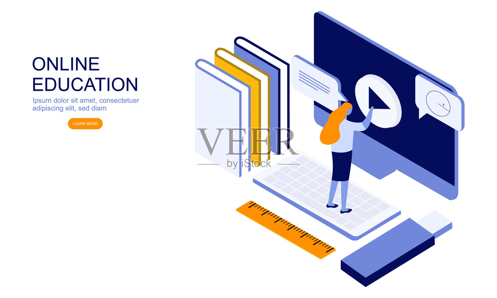 在电脑上学习学生的性格插画图片素材