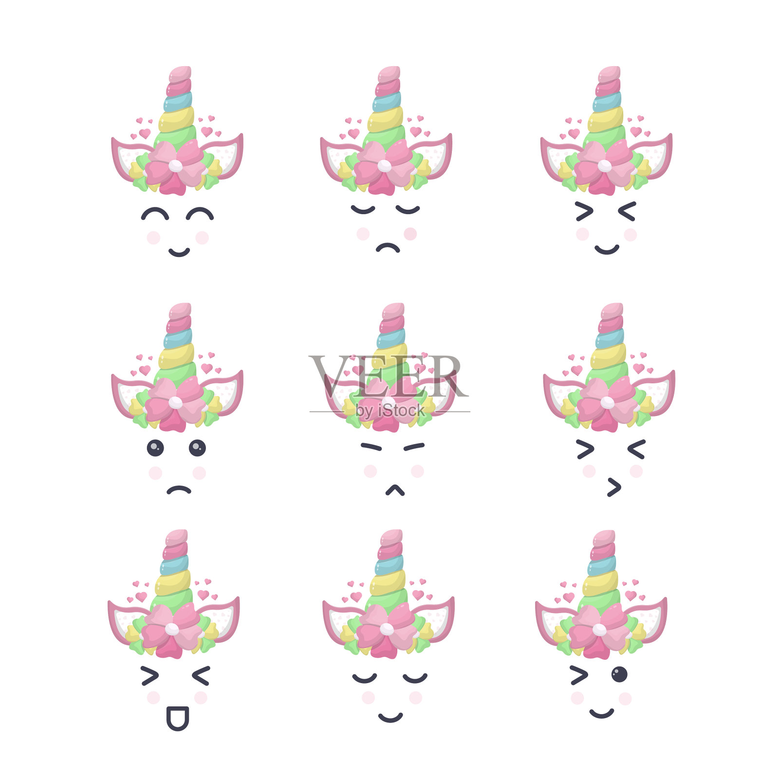 扁平表情收集可爱的独角兽插画图片素材