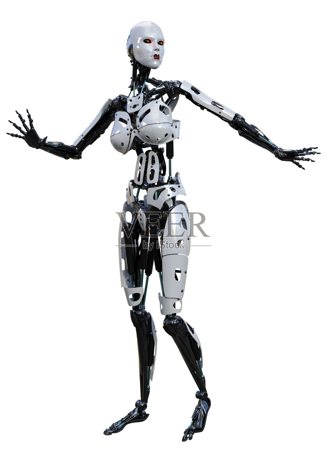 3D插图女性机器人在白色照片摄影图片