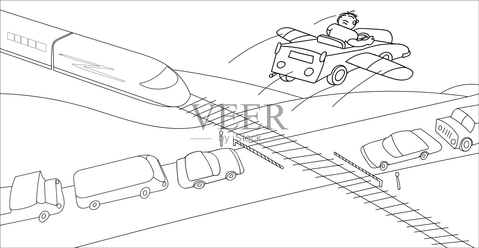 想象中的人乘飞机克服了铁路道口的交通堵塞。单色插图插画图片素材