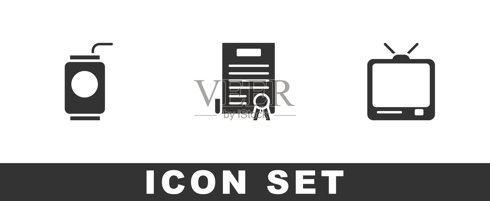 设定汽水罐与吸管,独立宣言和复古电视图标。向量图标素材