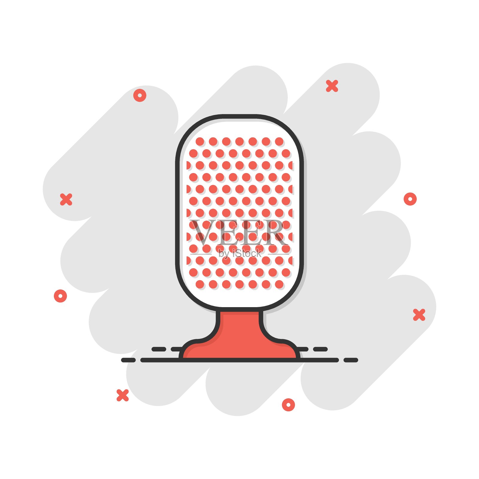 麦克风图标在漫画风格。麦克风广播矢量卡通插图象形图。麦克风麦克风演讲企业概念飞溅效果。插画图片素材