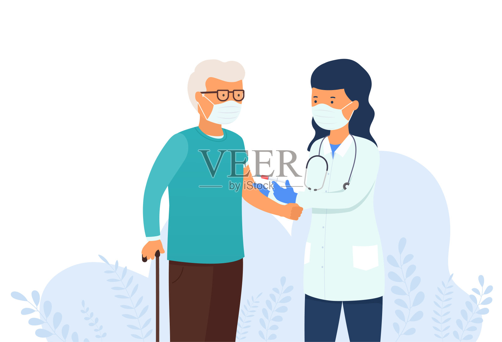 医生给老人注射病毒疫苗。冠状病毒疫苗概念、流感注射、健康预防和免疫接种。插画图片素材