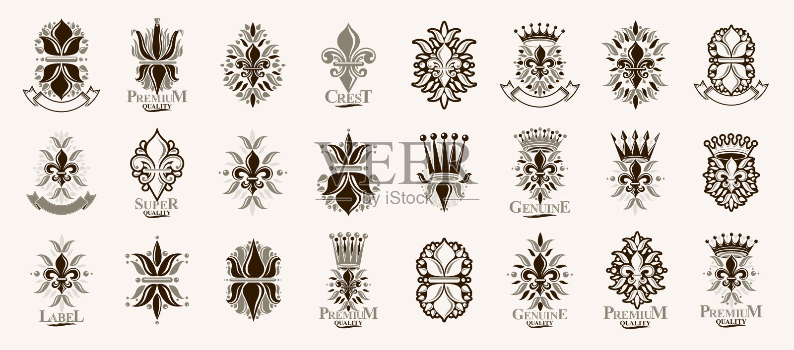 纹章纹章与百合花和皇冠符号向量大集,古董古董纹章徽章和奖项收集,符号在经典风格的设计元素,德里斯。插画图片素材