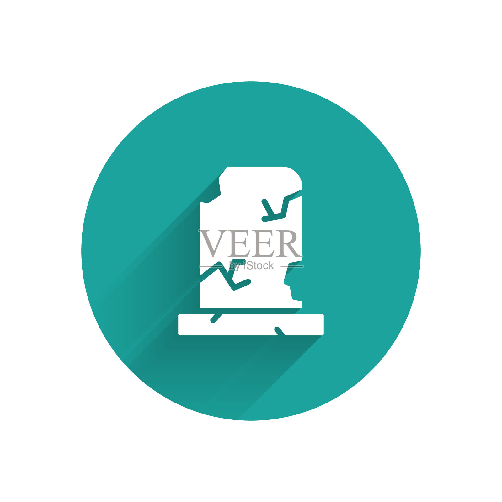 白色老坟墓与墓碑图标孤立与长影子。绿色圆圈按钮。向量插画图片素材