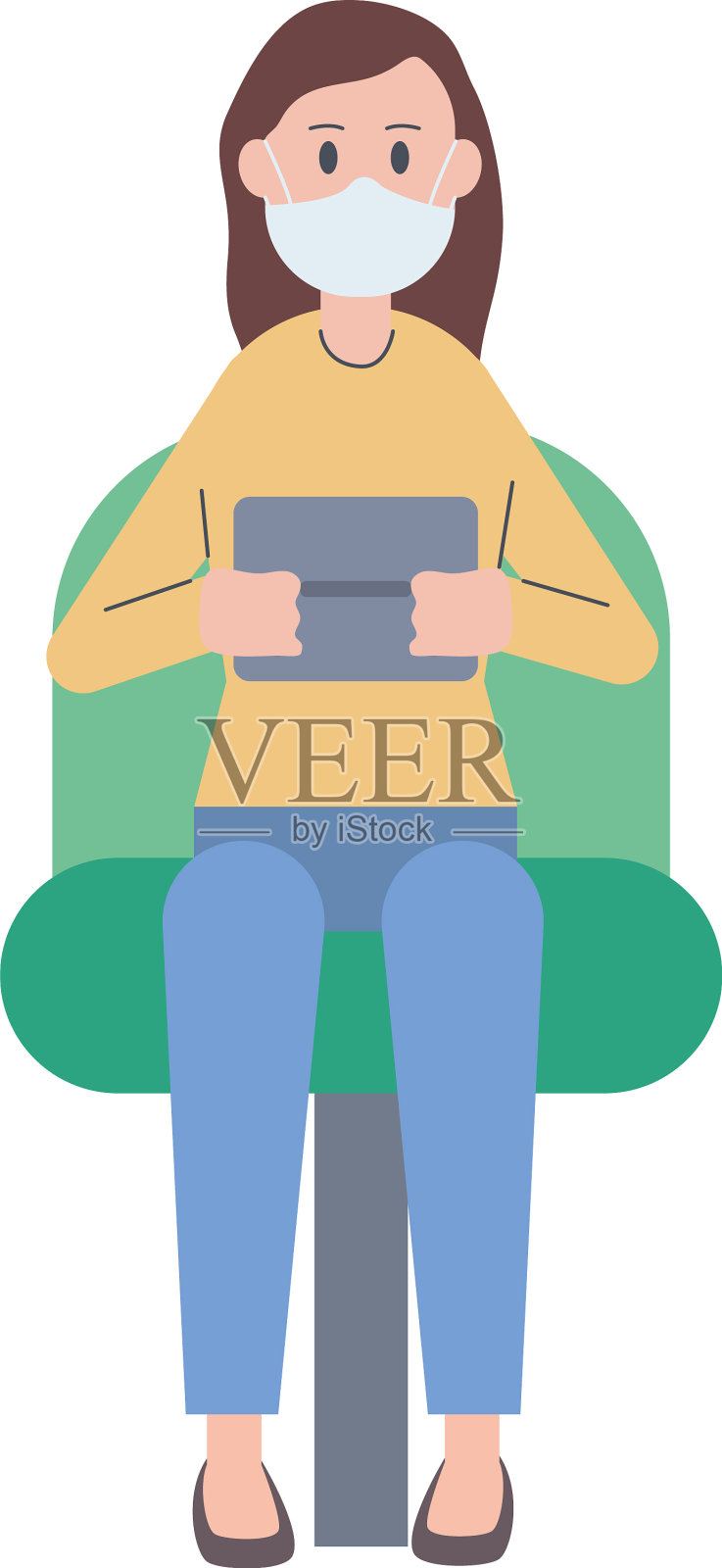 妇女戴着医用口罩,用平板电脑坐进去插画图片素材