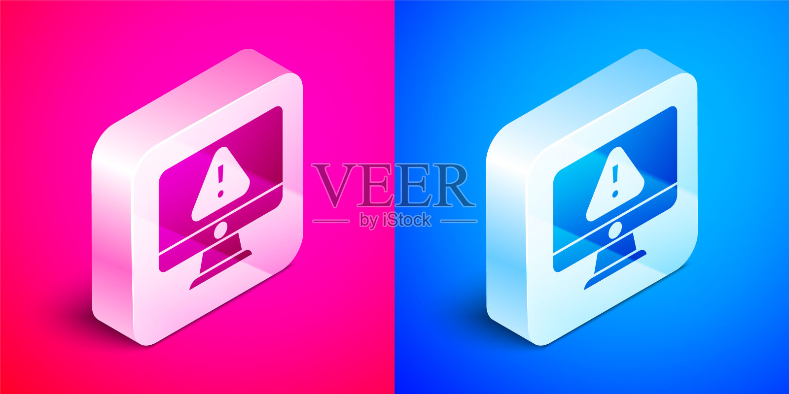 等距计算机显示器与感叹号图标隔离在粉红色和蓝色的背景。警报消息智能手机通知。银广场按钮。向量图标素材