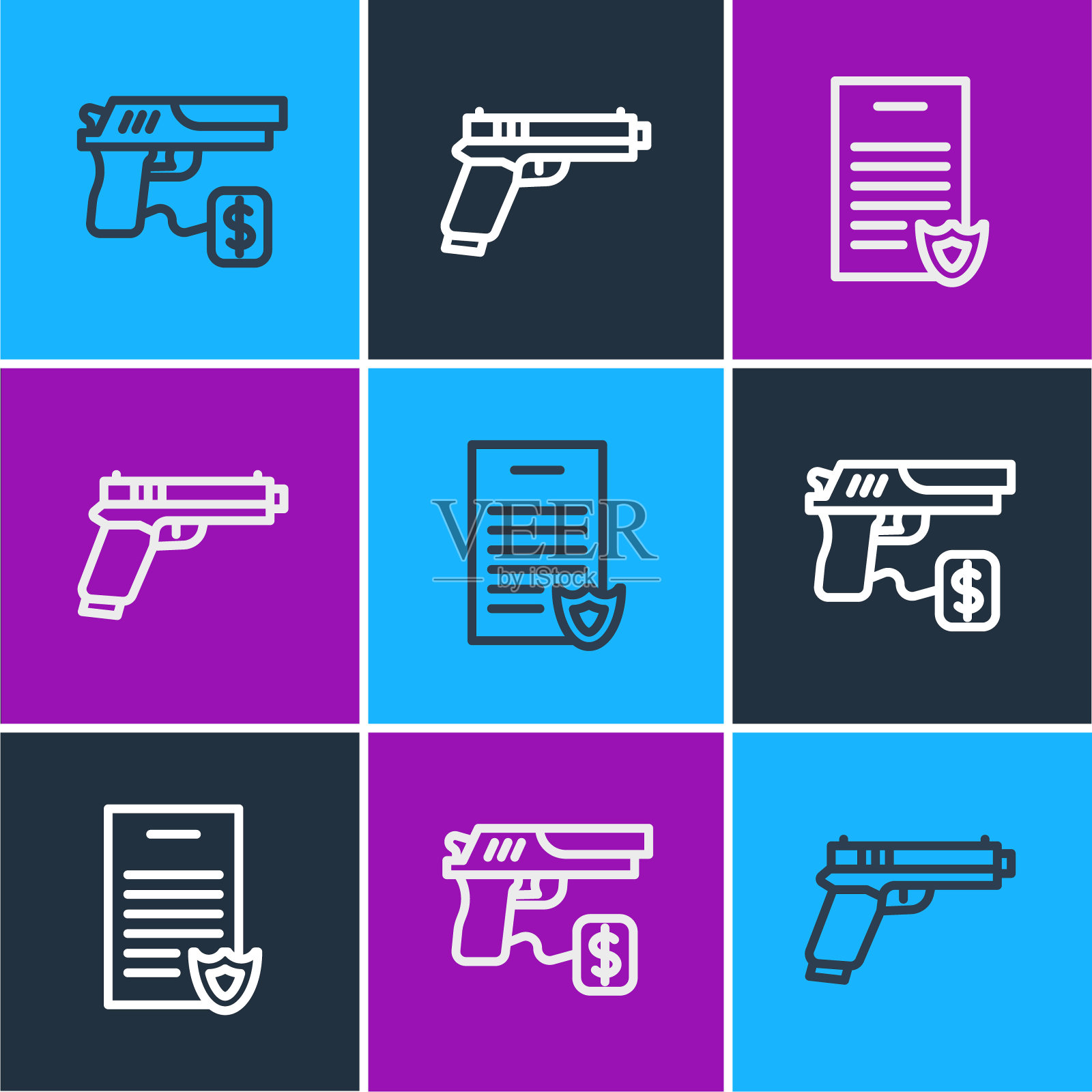 购买手枪、手枪执照证及手枪或图标。向量设计元素图片